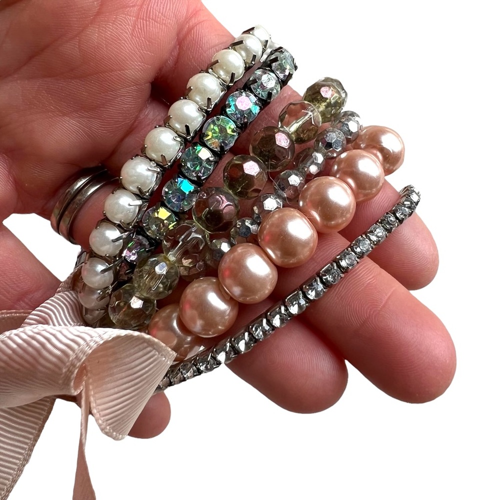 Boho Multi Layer Beaded Bangle Bracelet With Pink Bow